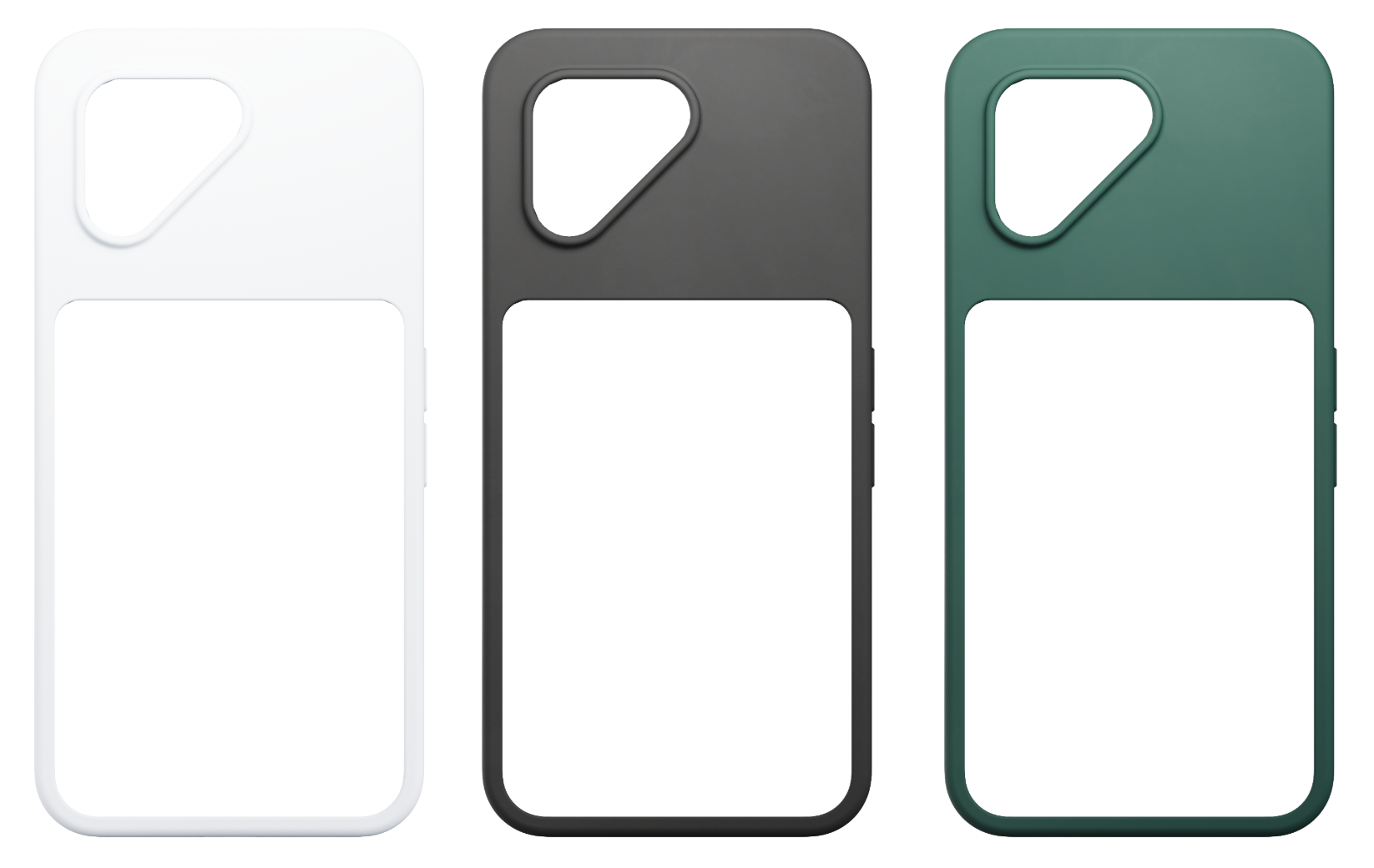 This photograph shows the three protective cases for The Fairphone (Gen. 6): cloud white, horizon black and forest green.png